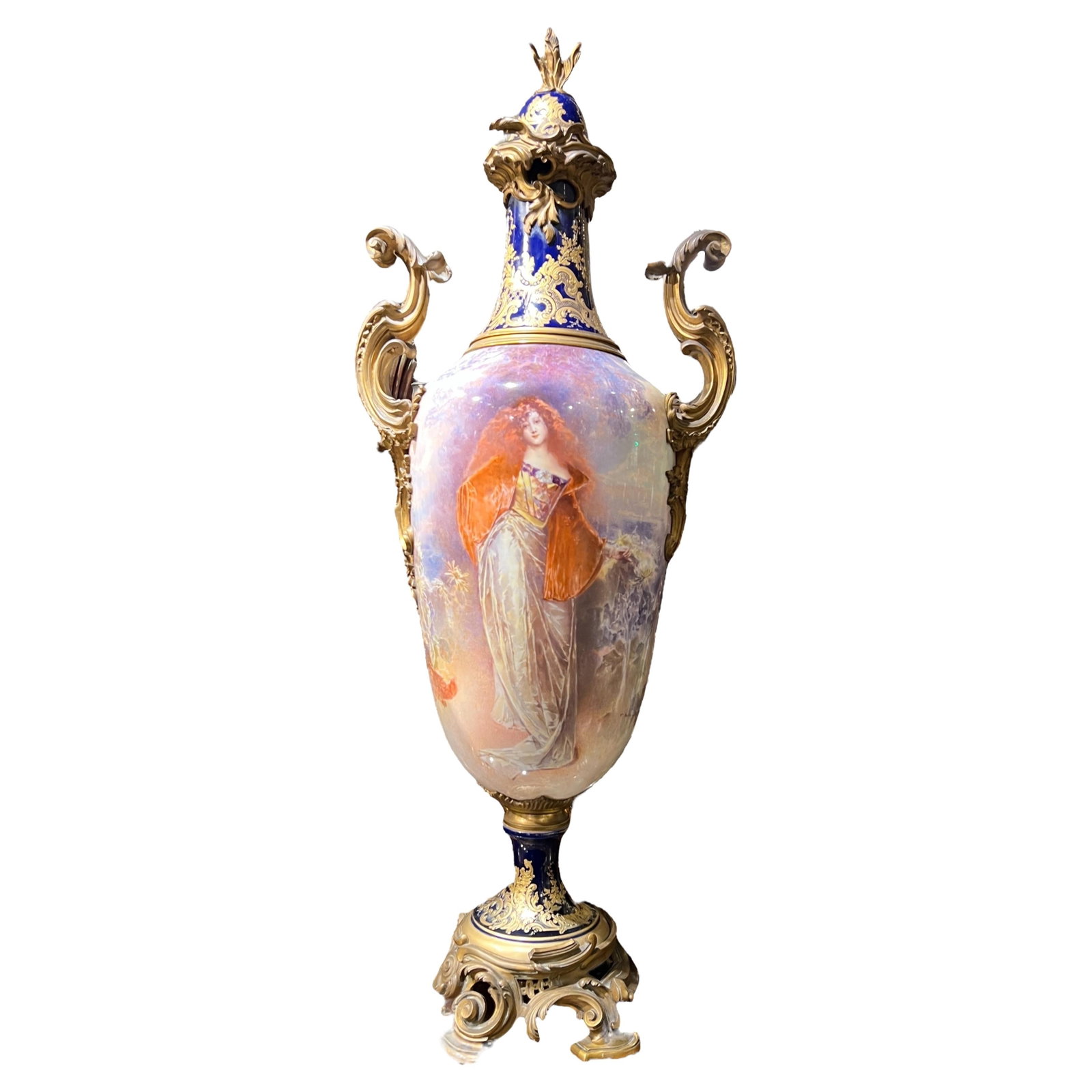 French Louis XVI Style Porcelain Vase with Gilt Bronze Mounts and Portrait: French Louis XVI Style Porcelain Vase with Gilt Bronze Mounts and Portrait This impressive French Louis XVI style vase from the late 19th century features a substantial porcelain body with foliate gil