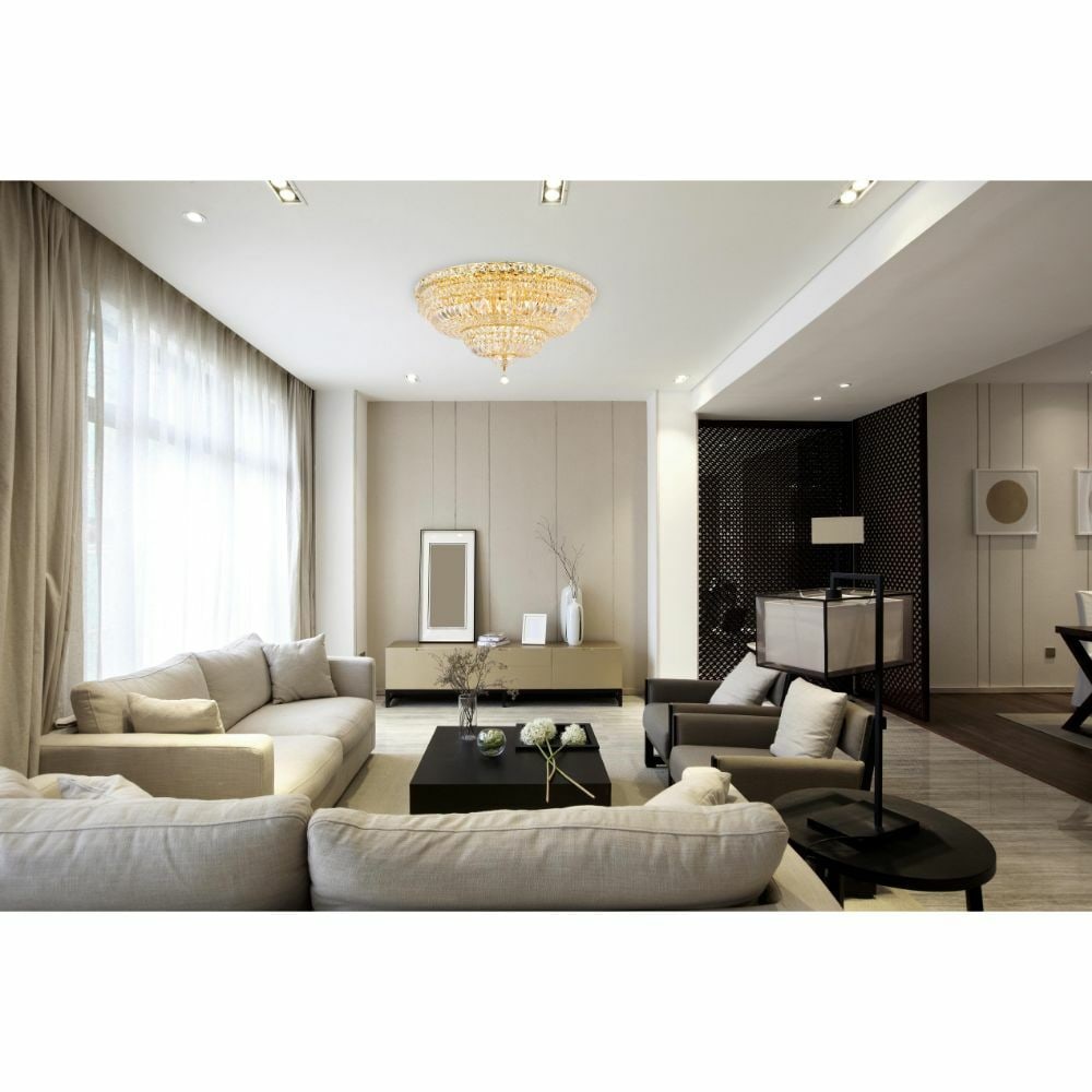 Gold Crystal Glass Flush Mount Chandelier 18 Light Tranquil 30 inch: Gold Crystal Glass Flush Mount Chandelier 18 Light Tranquil 30 inch This modern flush mount chandelier from the Tranquil Collection features a gold finish and Royal Cut clear crystal accents. Designed