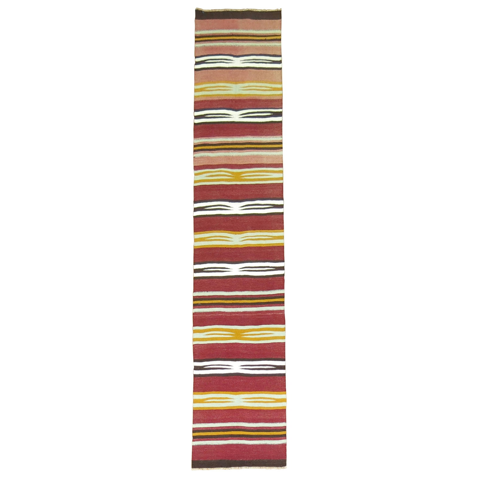 Mid 20th Century Turkish Wool Hand Knotted Navajo Runner: Mid 20th Century Turkish Wool Hand Knotted Navajo Runner This is a one-of-a-kind vintage Turkish Kilim runner from the mid-20th century. Hand-knotted from wool, it features a Navajo style design. The 
