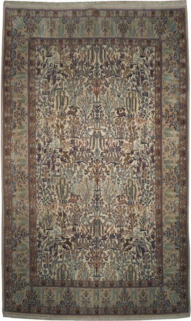 Persian Nain Rug 6.9 x 11 Fine Wool Silk Exotic Tree Bird Animal Design: Persian Nain Rug 6.9 x 11 Fine Wool Silk Exotic Tree Bird Animal Design Free continental US Shipping This authentic Persian Nain rug measures 6.9 x 11 feet and showcases an intricate hand-knotted desi