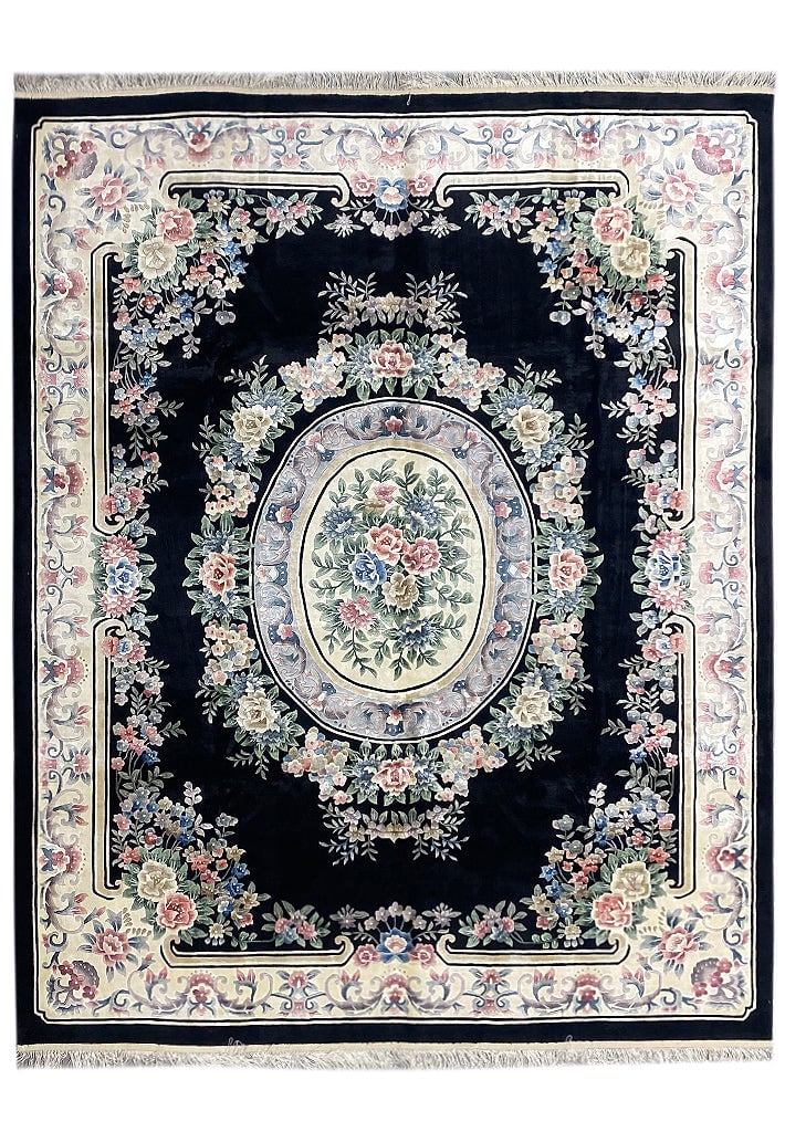 8.2 x 9.10 Handmade Aubusson Rug Black Bamboo Silk: 8.2 x 9.10 Handmade Aubusson Rug Black Bamboo Silk Free continental US Shipping Elevate your home decor with this stunning 8' x 10' Handmade French Aubusson Rug, a perfect blend of traditional artistr