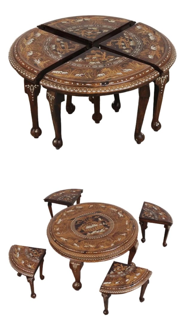 Anglo Indian Inlaid Wood Coffee Table with 4 Stools: Anglo Indian Inlaid Wood Coffee Table with 4 Stools This vintage Anglo Indian round coffee table features intricate hand-cut bone inlay work throughout, showcasing traditional craftsmanship and qualit