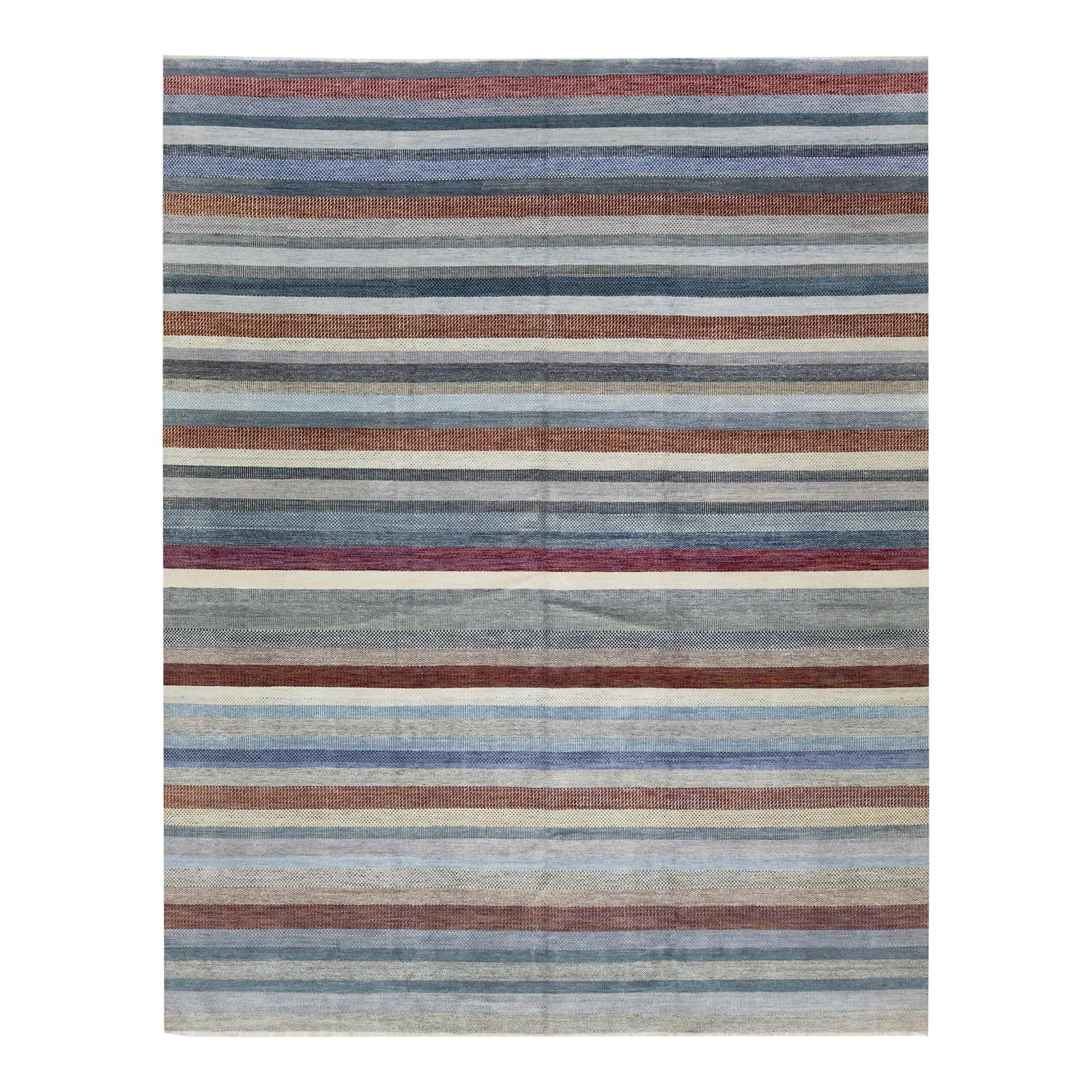 Modern Gray Wool Rug 11'10 x 15'1 Hand-Knotted Savannah Design: Modern Gray Wool Rug 11'10 x 15'1 Hand-Knotted Savannah Design Elevate your space with this stunning handmade wool rug, featuring a modern striped design in shades of gray, blue, and rust. The intrica