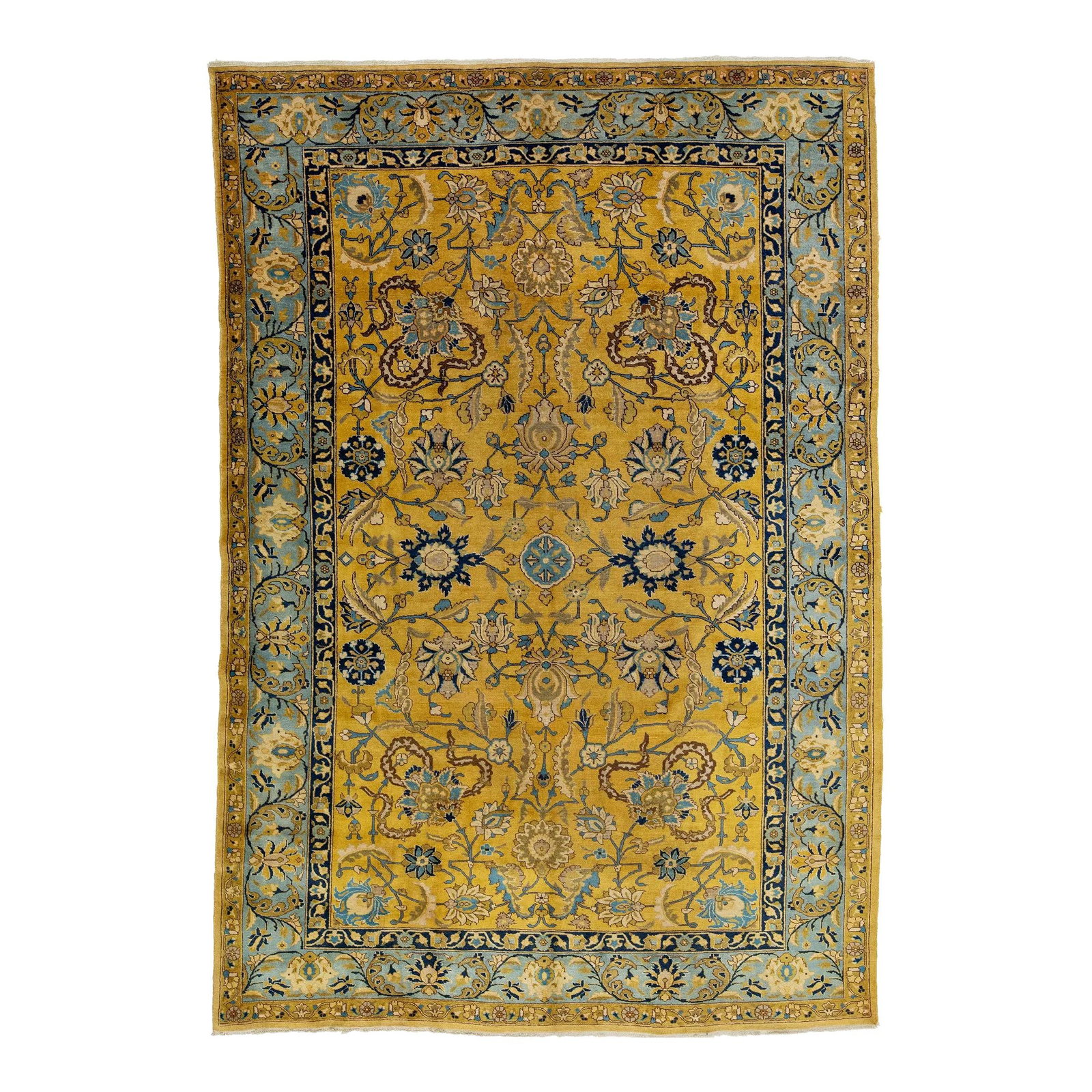 Antique Persian Tabriz Wool Rug Yellow Floral Design 7'8 x 11'5: Antique Persian Tabriz Wool Rug Yellow Floral Design 7'8 x 11'5 This exquisite antique hand-knotted Persian Tabriz wool rug features a vibrant yellow field adorned with an allover floral design, compl