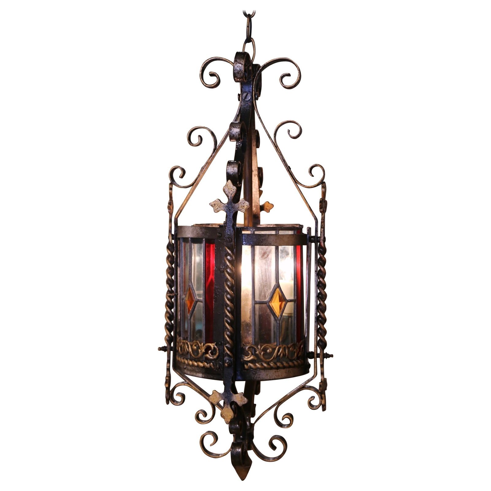 Antique 19th Century French Napoleon III Iron Lantern with Stained Glass (1 of 5)