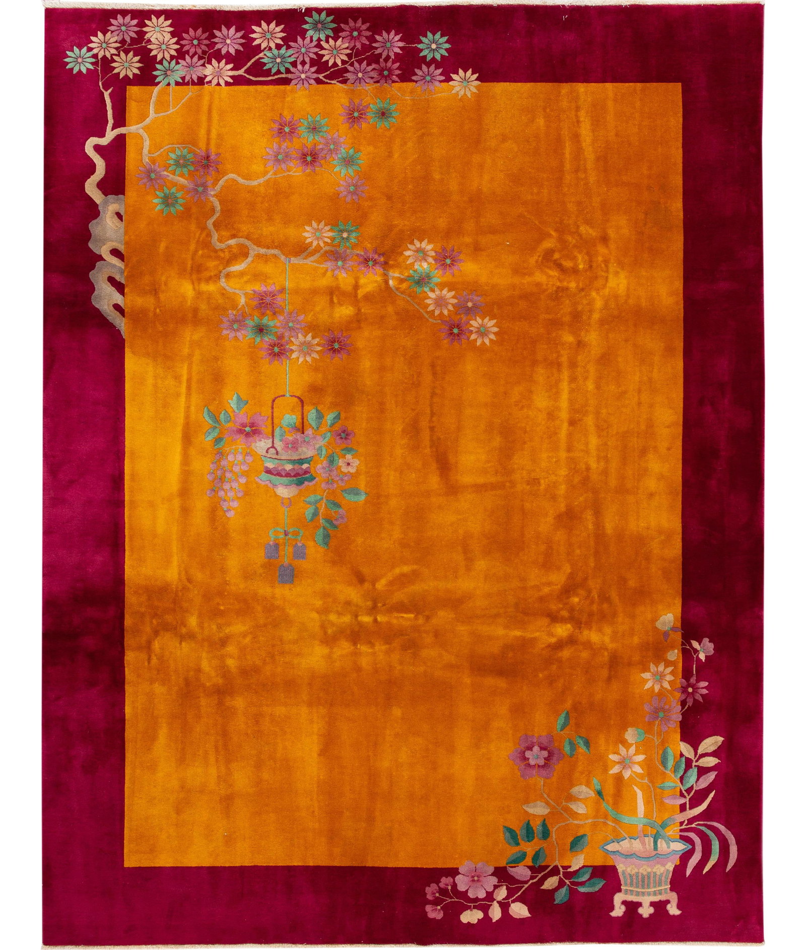 Antique Chinese Art Deco Wool Rug Goldenrod Floral 8'8 x 11'5: Antique Chinese Art Deco Wool Rug Goldenrod Floral 8'8 x 11'5 This exquisite antique Chinese Art Deco rug features a luxurious hand-knotted wool construction. The stunning goldenrod field is accented 
