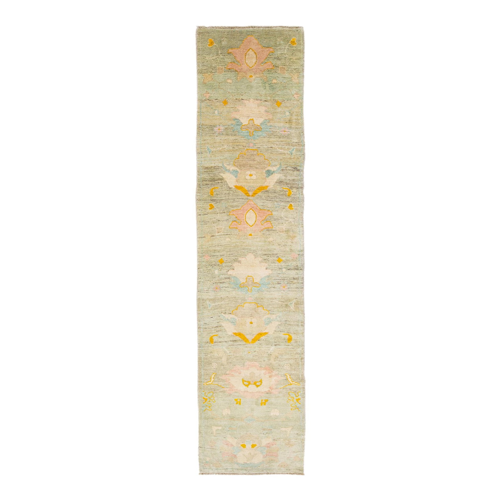Tan Modern Oushak Handmade Wool Runner 3'1 x 13'4 Floral Design: Tan Modern Oushak Handmade Wool Runner 3'1 x 13'4 Floral Design Enhance your space with this beautiful modern Oushak hand-knotted wool runner rug featuring a warm tan field. Adorned with multicolor ac
