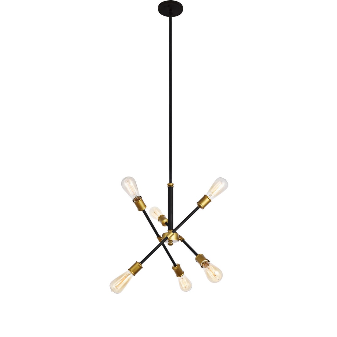 Axel 6 Light Pendant in Black and Brass: Axel 6 Light Pendant in Black and Brass Modern Sputnik-style pendant chandelier with a black and brass finish and six lights. It features adjustable crossing arms mounted on a central rod to direct li