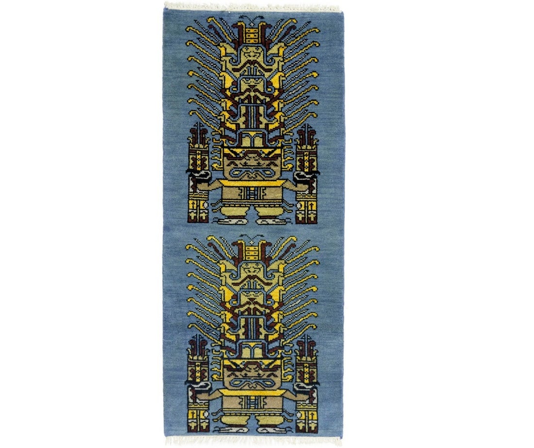 2'7 x 6' Wool Tribal Pictorial Area Rug Hand-Knotted Blue Modern Carpet: 2'7 x 6' Wool Tribal Pictorial Area Rug Hand-Knotted Blue Modern Carpet This hand-knotted wool rug features a unique pictorial tribal design in shades of blue, maroon, yellow, charcoal, and beige. Its