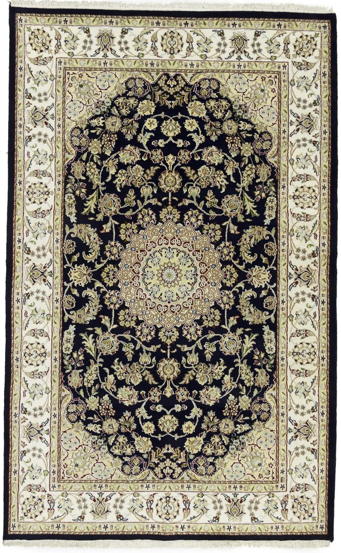 Handmade Indo Nain Wool Rug 5' x 7' Floral Design Eco-Friendly: Handmade Indo Nain Wool Rug 5' x 7' Floral Design Eco-Friendly This exquisite Indo Nain Oriental Rug is a handmade wool carpet featuring a stunning floral design in shades of dark navy, cream, ivory, 