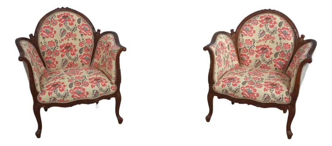 French Louis XV Bergere Armchair Pair Floral Chintz Upholstery (1 of 10)