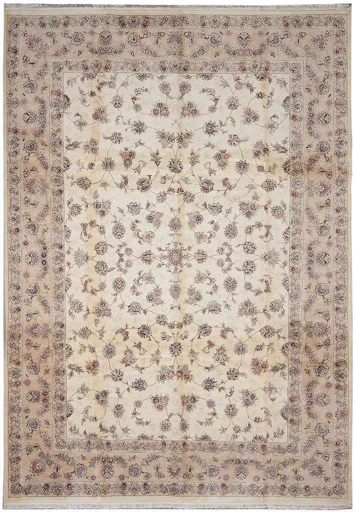 10 x 14 Hand-Knotted Wool and Silk Tabriz Area Rug Ivory China: 10 x 14 Hand-Knotted Wool and Silk Tabriz Area Rug Ivory China Free continental US Shipping This 10 x 14 foot area rug is finely hand-knotted in China using a blend of wool and silk, featuring a Tabri