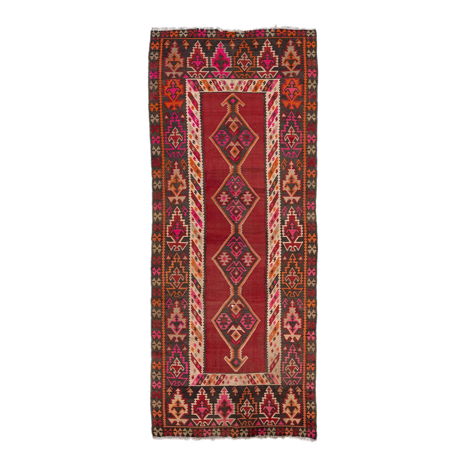 Vintage Turkish Kilim Wool Runner Red Tribal Design 5'1 x 12'8: Vintage Turkish Kilim Wool Runner Red Tribal Design 5'1 x 12'8 Add a touch of vintage charm to your space with this stunning 1960s Vintage Turkish Kilim runner. Hand-knotted from durable wool, this ru