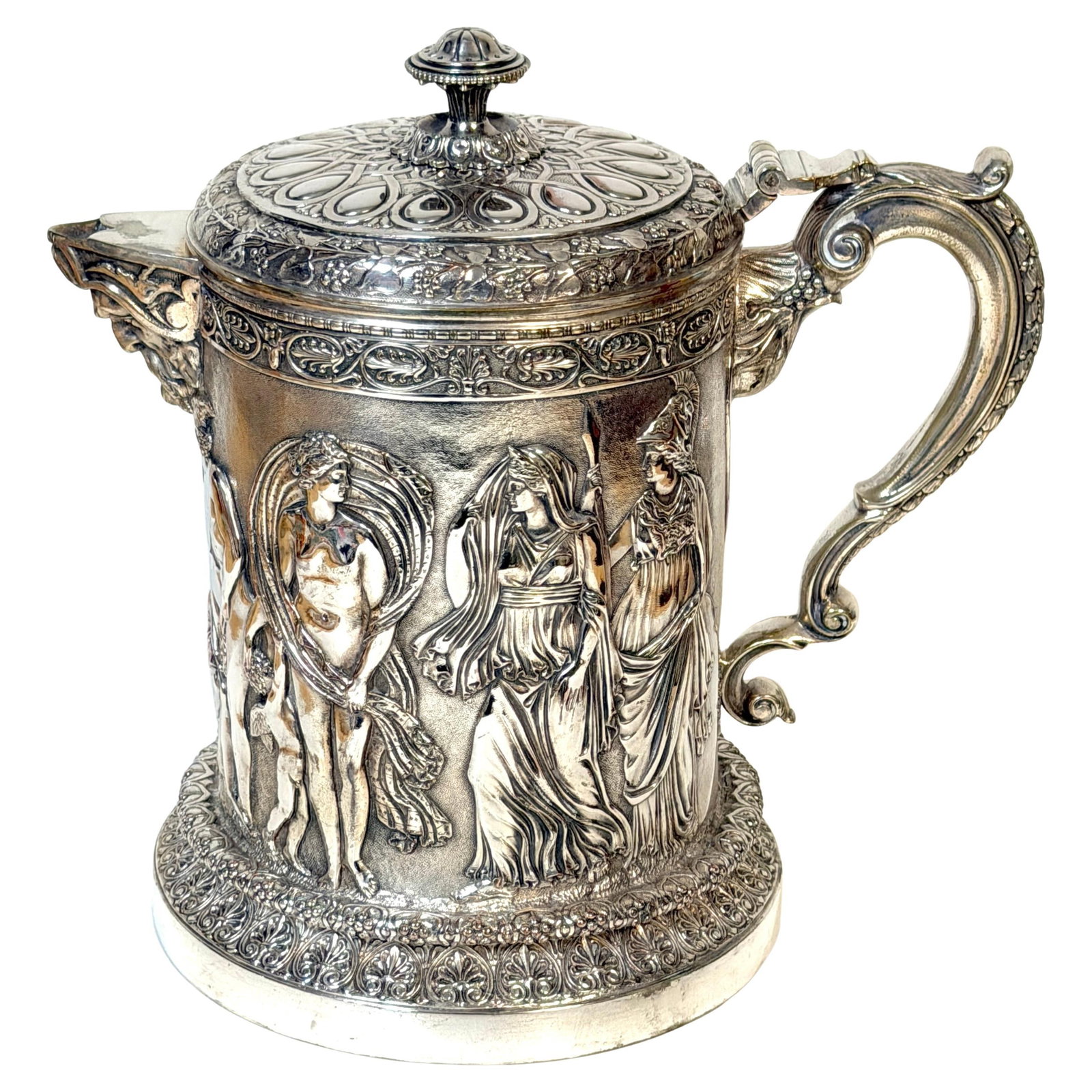 Victorian Greco Roman Silver Plate Claret Jug with Classical Relief by James Dixon: Victorian Greco Roman Silver Plate Claret Jug with Classical Relief by James Dixon This English silver-plated claret jug by JG & Sons (James Dixon & Sons), crafted in the late 19th century, features a