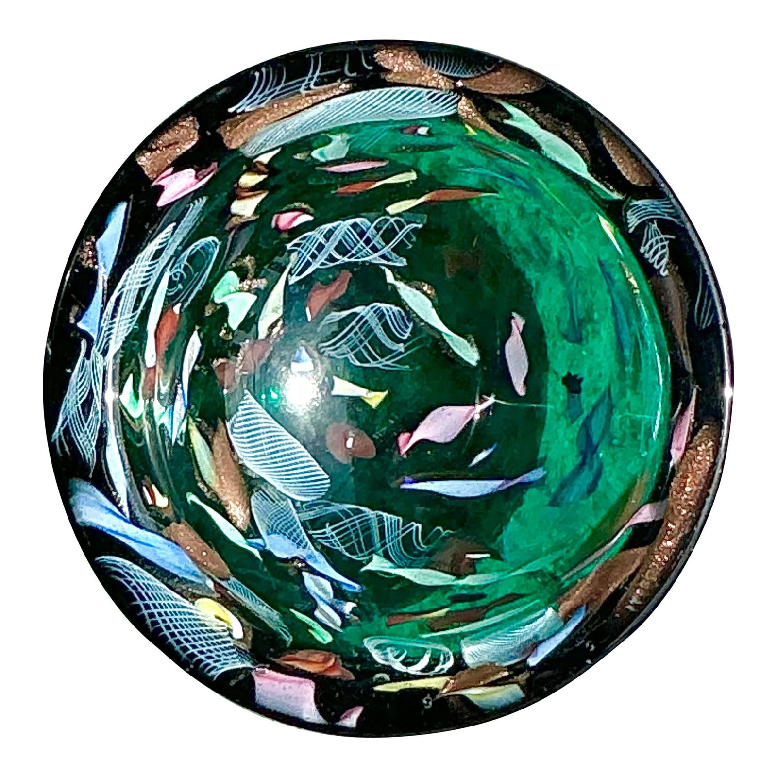 Vintage Murano-Style Italian Art Glass Bowl Green Blue Gold 4.75 Round: Vintage Murano-Style Italian Art Glass Bowl Green Blue Gold 4.75 Round This vintage Italian art glass bowl showcases exquisite Murano-style craftsmanship with a captivating swirl of vibrant green, blu