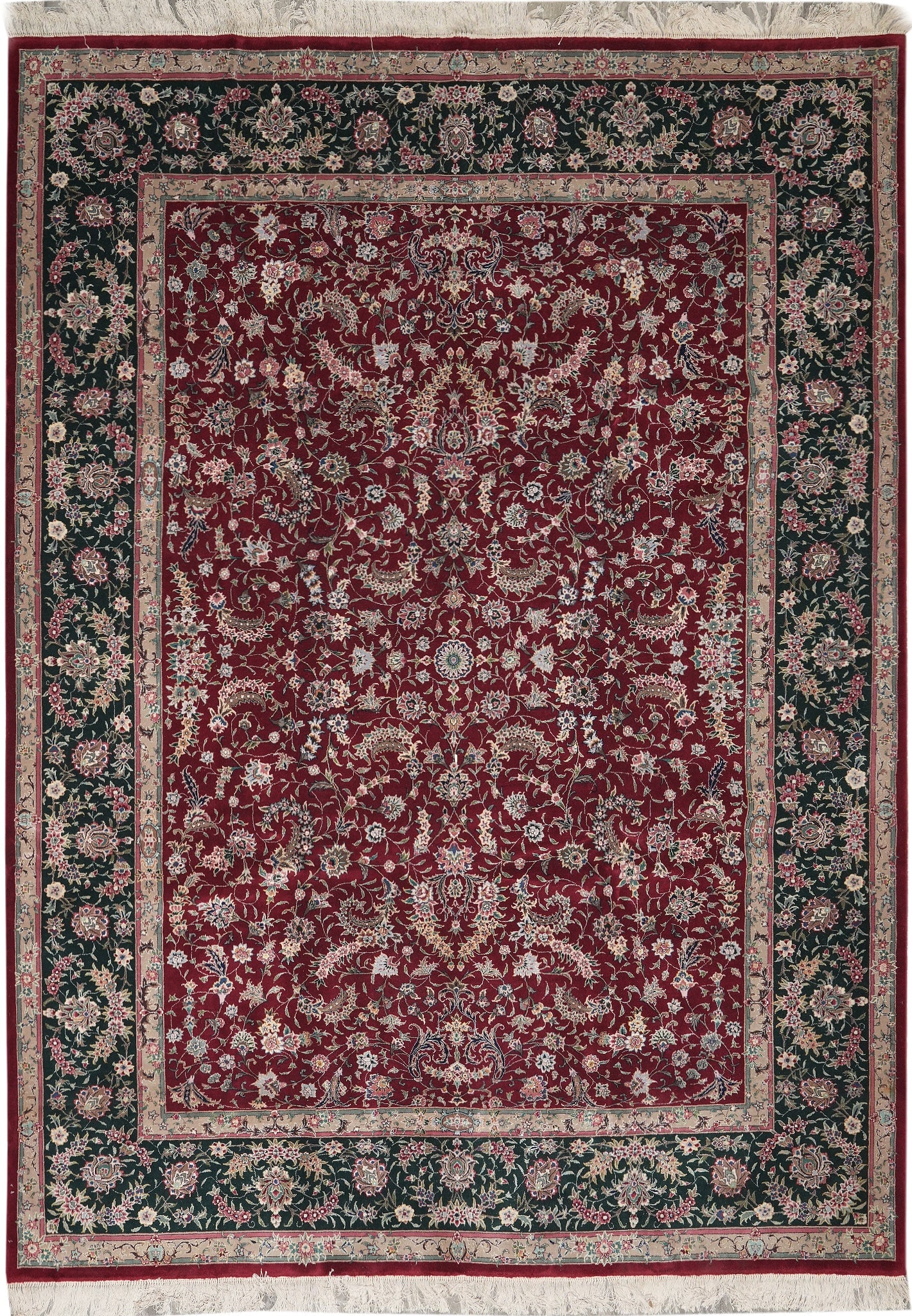 9.3 x 12.3 Fine Hand-Knotted Wool and Silk Rug: 9.3 x 12.3 Fine Hand-Knotted Wool and Silk Rug Free continental US Shipping This 9.3 x 12.3 rug is hand-knotted and made from a fine wool and silk blend. It features detailed weaving, a durable constr