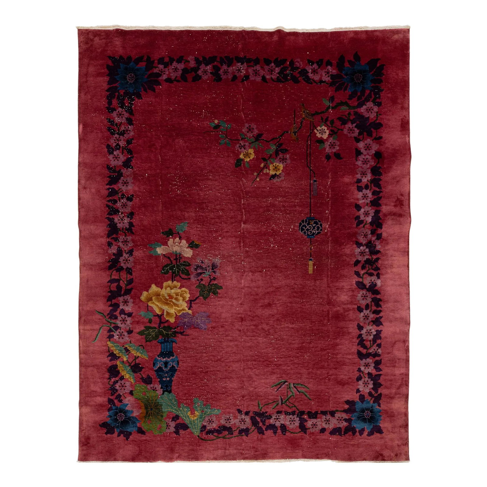1920s Chinese Art Deco Hand-Knotted Wool Rug Red Floral Design 9' x 11'10: 1920s Chinese Art Deco Hand-Knotted Wool Rug Red Floral Design 9' x 11'10 Discover the elegance of this antique Chinese Art Deco rug, hand-knotted from high-quality wool. Featuring a bold red field co