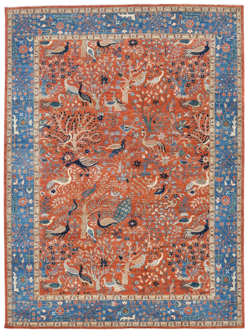 Handspun Wool Oushak Rug 9x12 ft Modern Pictorial Design Eco Friendly: Handspun Wool Oushak Rug 9x12 ft Modern Pictorial Design Eco Friendly This stunning handspun wool Oushak Oriental rug features a vibrant orange pictorial design, making it a perfect centerpiece for an