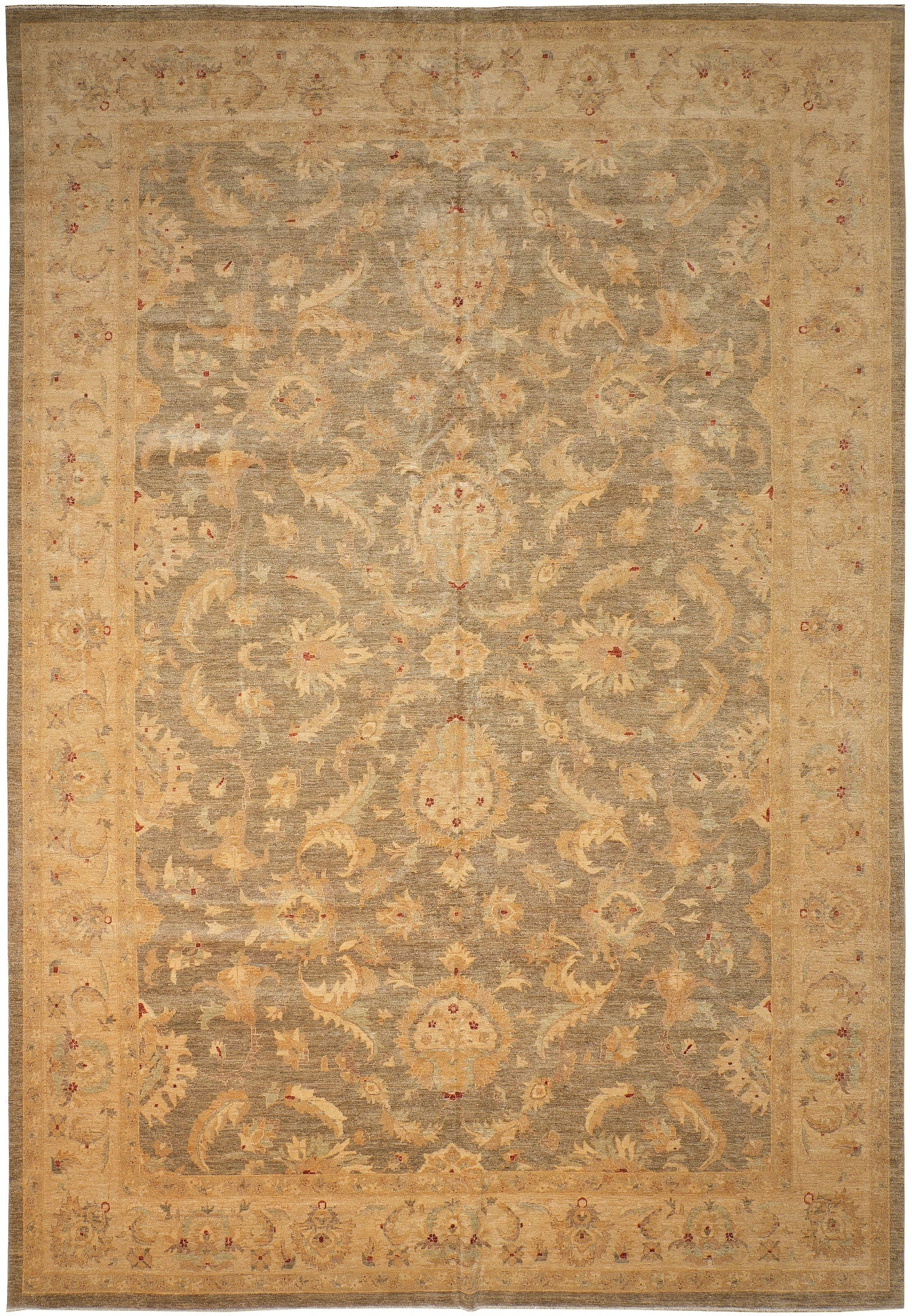 13.10 x 19.7 Natural Quality Zigler Chobi Peshawar Rug Sage Green Wool: 13.10 x 19.7 Natural Quality Zigler Chobi Peshawar Rug Sage Green Wool Free continental US Shipping This hand-knotted Zigler Chobi Peshawar rug features a sage green palette with beige, soft gold, rus