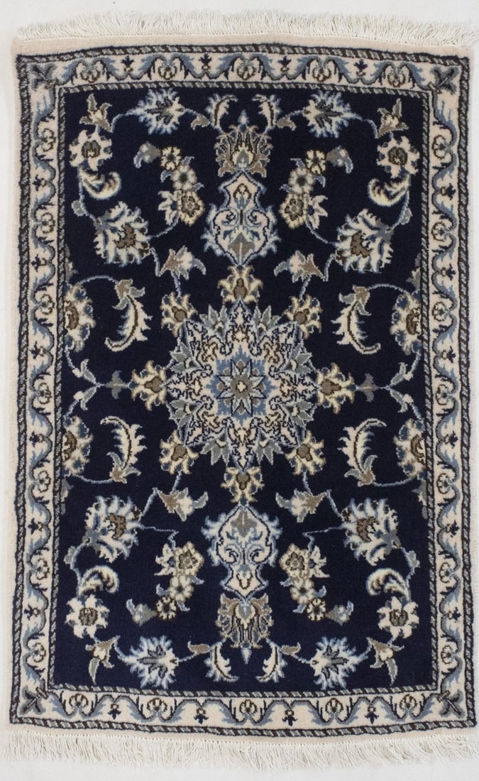 Handmade Traditional Navy Wool Area Rug 3x4 ft Floral Design: Handmade Traditional Navy Wool Area Rug 3x4 ft Floral Design Enhance your space with this Handmade Traditional Navy Thick Pile Rug, perfect for adding a touch of elegance to your home. This area rug f