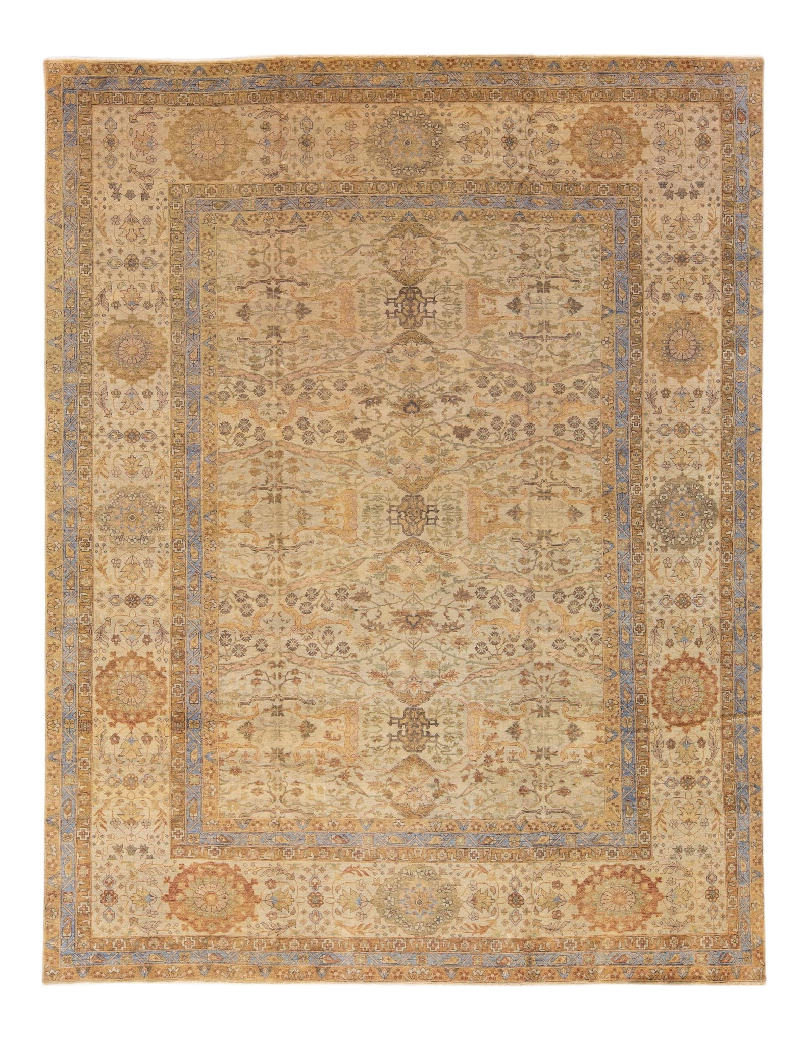 Beige Hand-Knotted Indian Wool Rug with Floral Design 11'8 x 14'9: Beige Hand-Knotted Indian Wool Rug with Floral Design 11'8 x 14'9 Enhance your living space with this exquisite modern Indian hand-knotted wool rug, featuring a beautiful beige field adorned with tan 