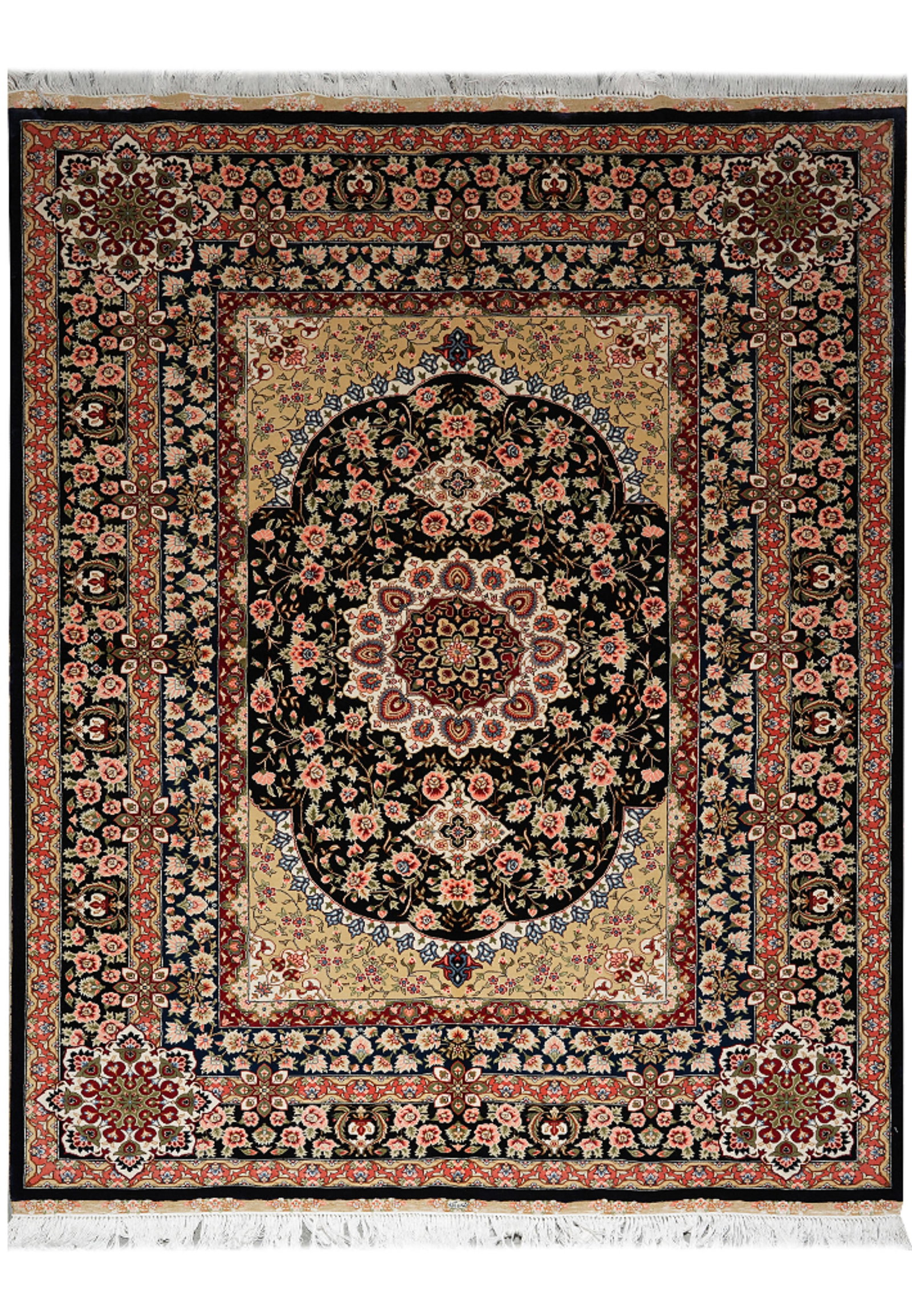 4.6 x 6.6 Persian Silk Rug Black Soft Blue Floral Hand Knotted: 4.6 x 6.6 Persian Silk Rug Black Soft Blue Floral Hand Knotted Free continental US Shipping This hand-knotted Persian silk rug features a classic floral motif with a striking black background and soft