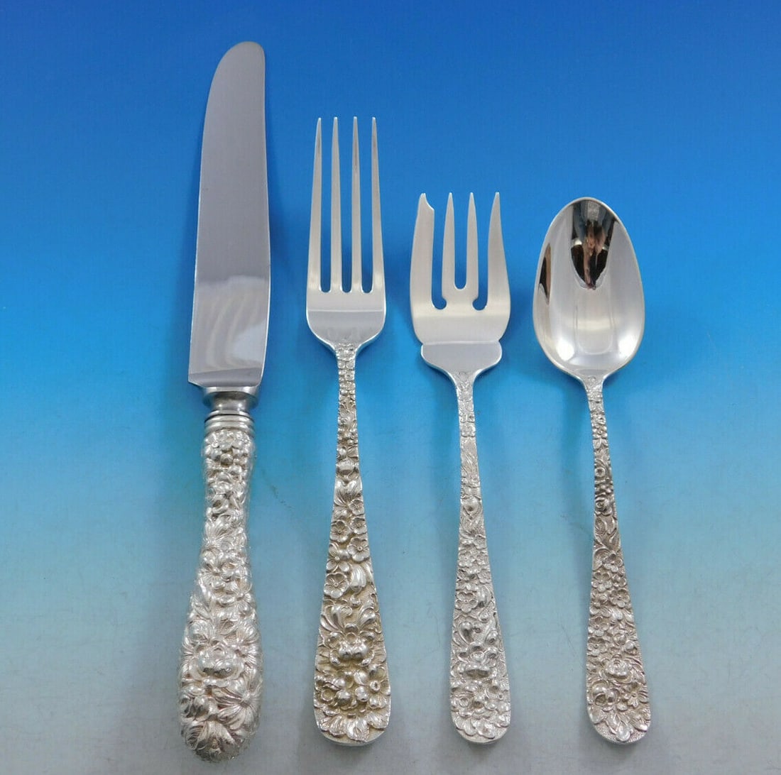 48 Piece Stieff Rose Sterling Silver Flatware Service for 12: 48 Piece Stieff Rose Sterling Silver Flatware Service for 12 Sterling silver flatware set in the Rose pattern by Stieff, made in the United States and dated to the 1900-1940 period. This 48-piece serv