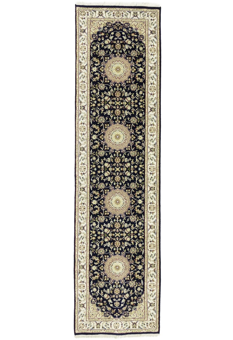 Hand Knotted Wool Silk Floral Runner 2'7 x 9'11: Hand Knotted Wool Silk Floral Runner 2'7 x 9'11 Enhance your living space with this exquisite handmade 3X10 Blue Floral Oriental Runner Rug, crafted from premium wool and silk. The rug features a stun