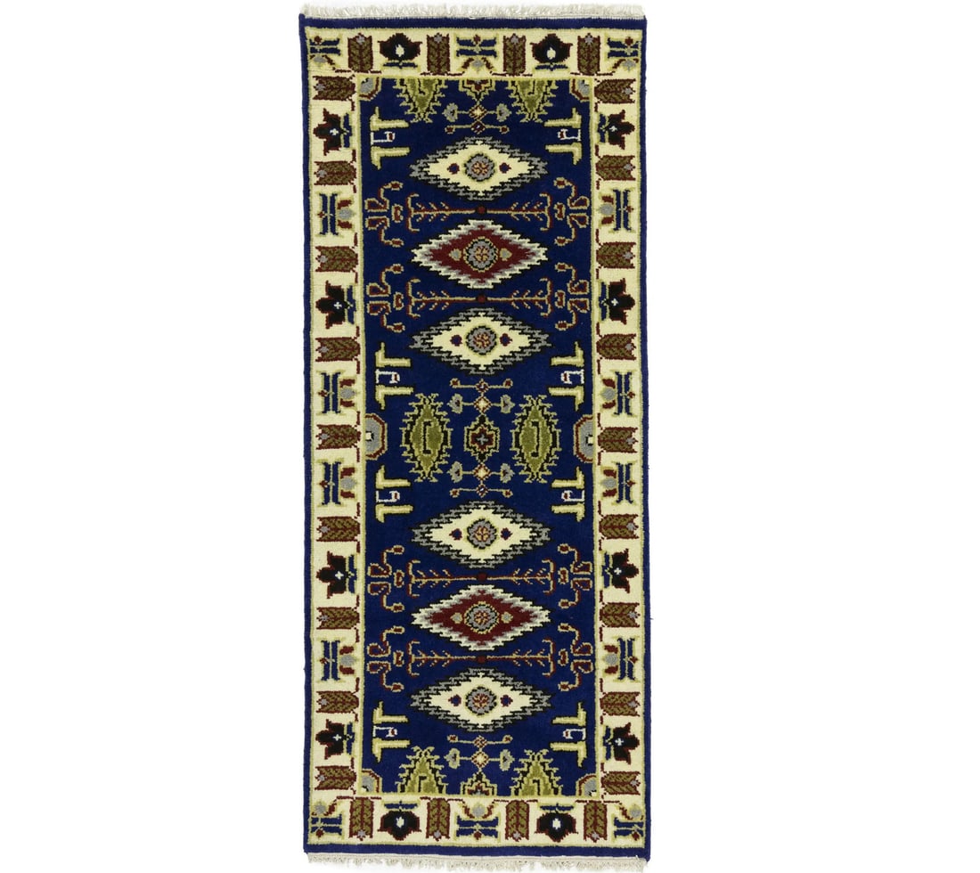 Hand-Knotted Wool Kazak Runner Rug 2'6 x 6'1 Geometric Tribal Pattern: Hand-Knotted Wool Kazak Runner Rug 2'6 x 6'1 Geometric Tribal Pattern This handmade Kazak Oriental rug features a geometric tribal design in navy blue, cream, red, yellow, and dark brown tones. Crafte
