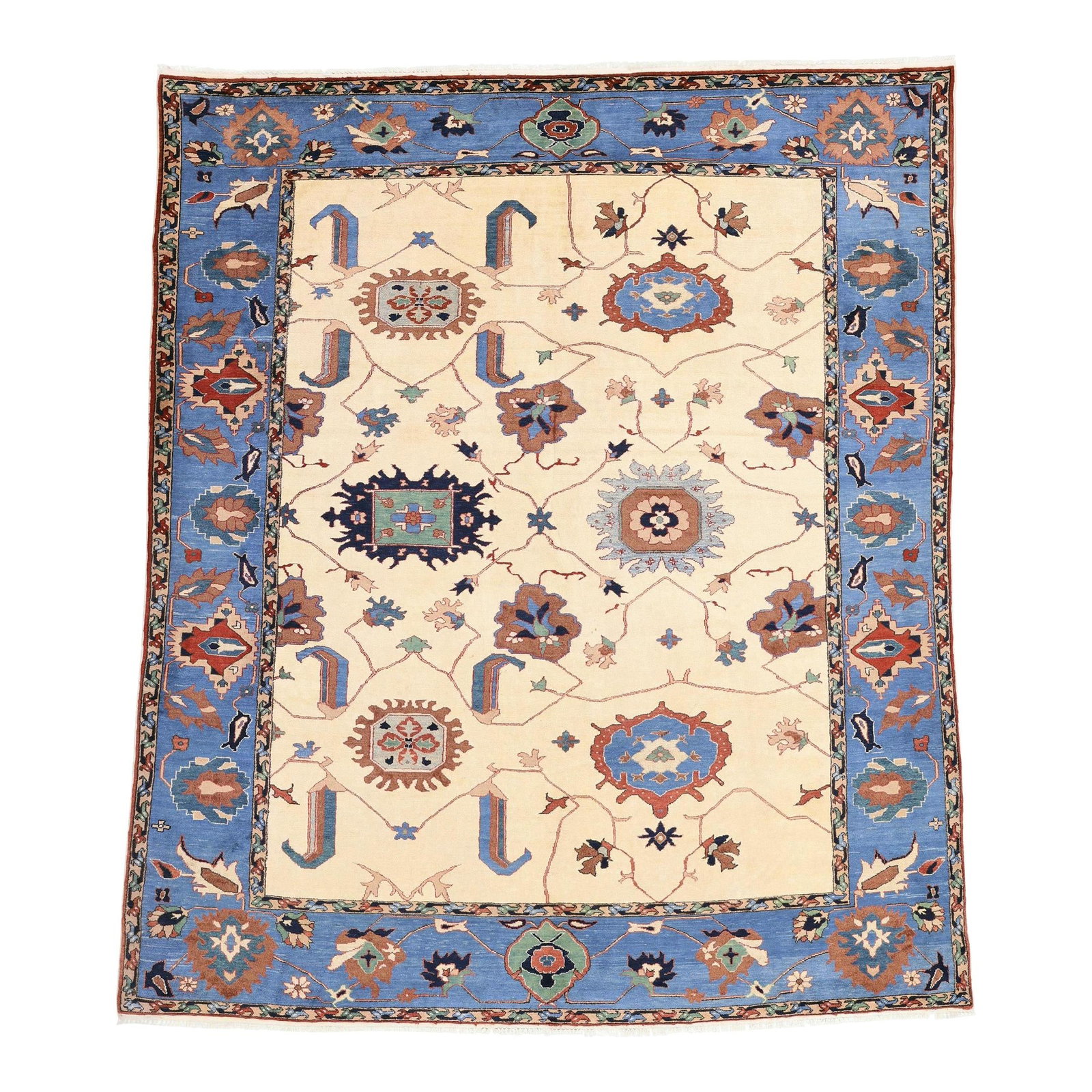 Handmade 8x10 Modern Sultanabad Wool Rug in Tan and Blue: Handmade 8x10 Modern Sultanabad Wool Rug in Tan and Blue Enhance your space with this exquisite 8' x 10' hand-knotted wool rug, featuring a tan background beautifully complemented by a rich blue frame