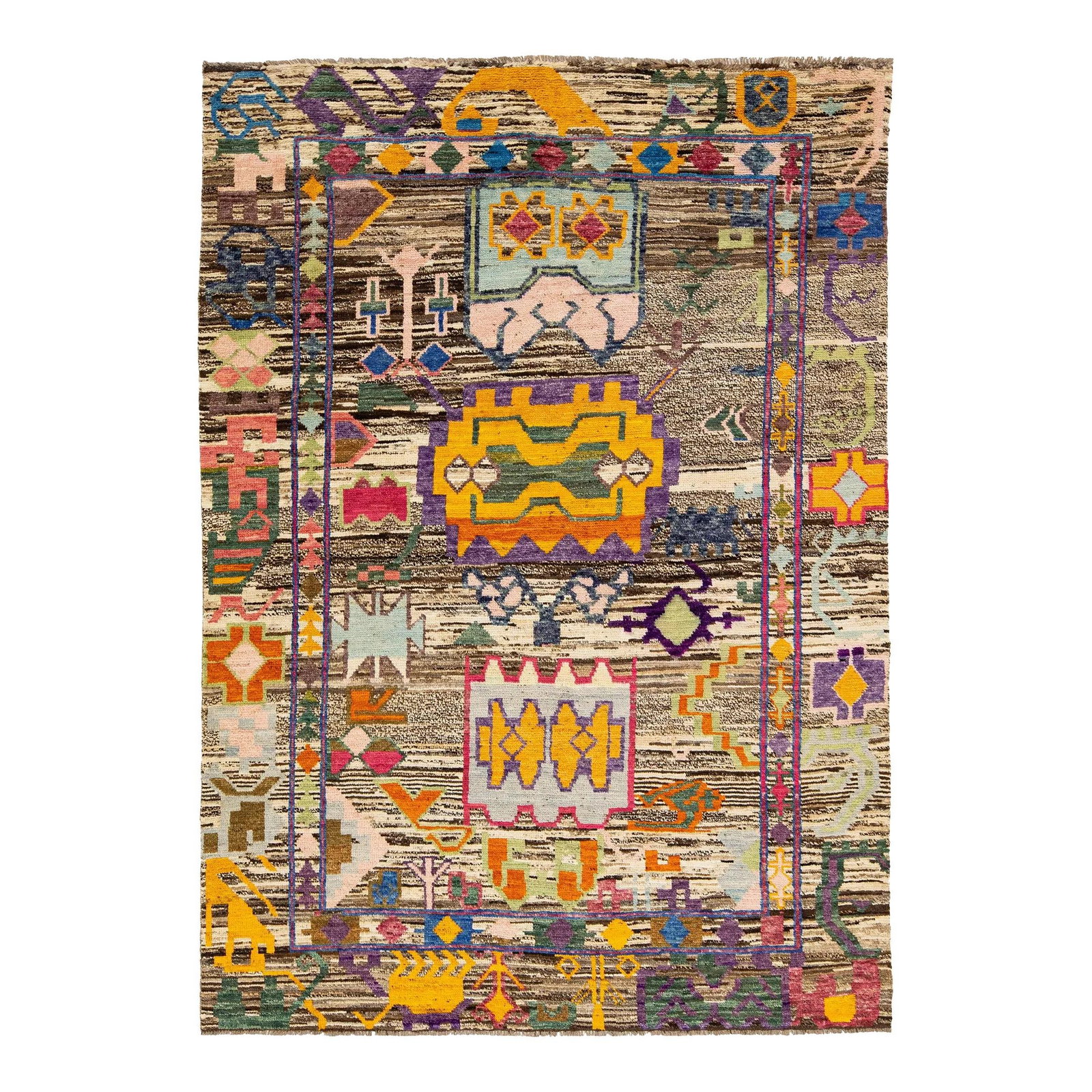 Brown Moroccan Style Handmade Wool Rug with Multicolor Flowers: Brown Moroccan Style Handmade Wool Rug with Multicolor Flowers Enhance your living space with this stunning contemporary Moroccan-style wool rug. It showcases a rich brown backdrop adorned with