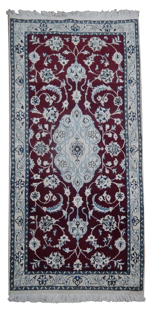 Persian Nain Rug 2 x 4.6 ft Hand-Knotted Wool Silk Medallion Iran: Persian Nain Rug 2 x 4.6 ft Hand-Knotted Wool Silk Medallion Iran Free continental US Shipping This handmade Persian Nain rug from Iran features a classic medallion design with delicate floral and