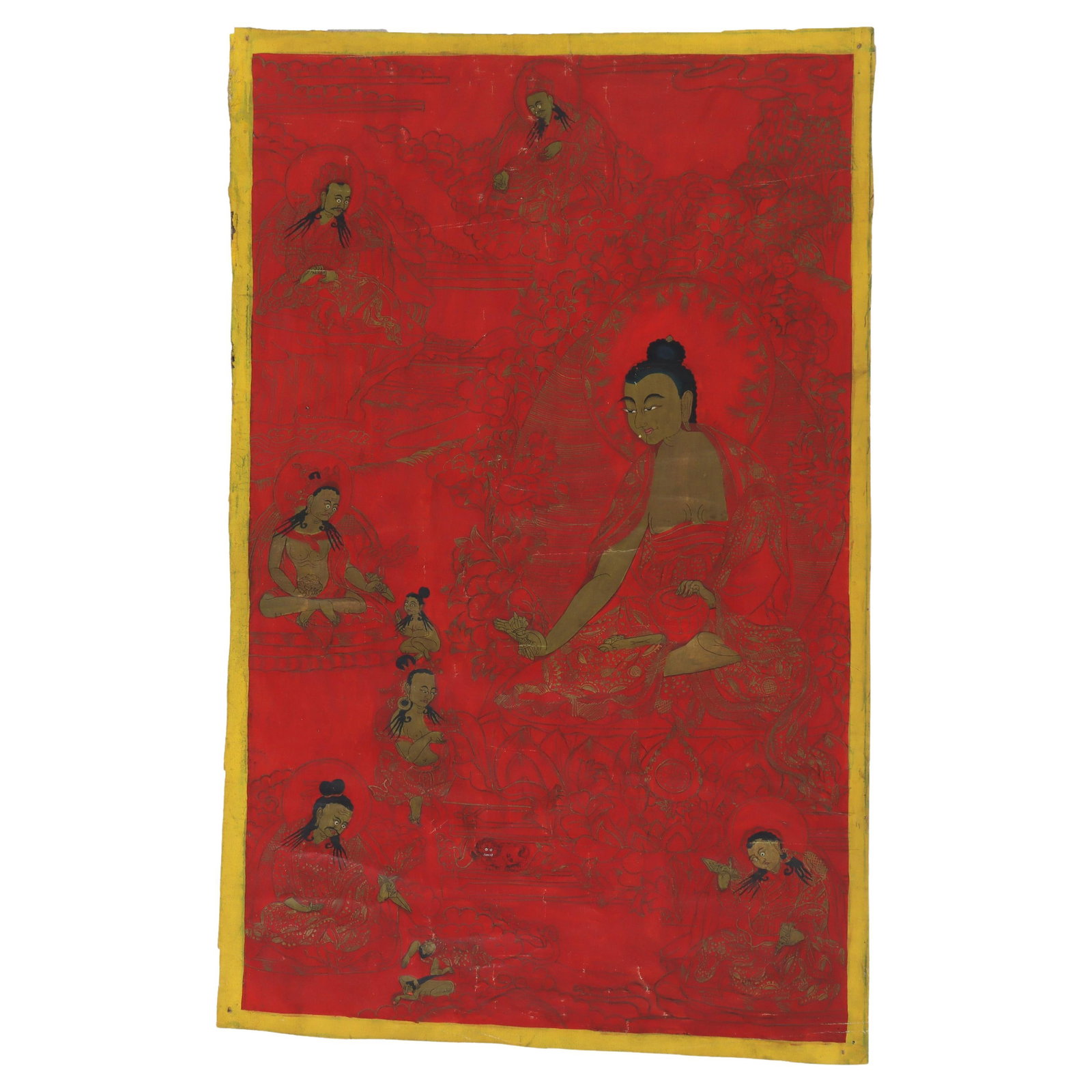 19th Century Signed Tibetan Thangka Painting Red Ground Buddhist Figures: 19th Century Signed Tibetan Thangka Painting Red Ground Buddhist Figures Discover a stunning 19th-century Tibetan Thangka painting that captures the essence of Buddhist art. This piece features a vibr
