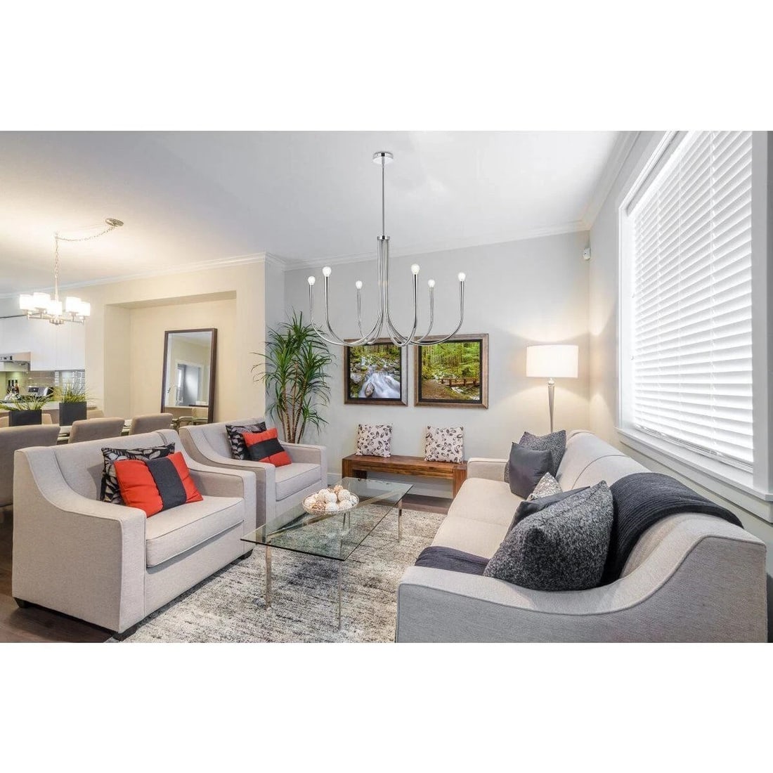 Living District Layne 6 Light Chrome Farmhouse Chandelier: Living District Layne 6 Light Chrome Farmhouse Chandelier This 6-light chandelier features a chrome-colored metal frame in a modern farmhouse style, crafted from iron and steel. The fixture is designe