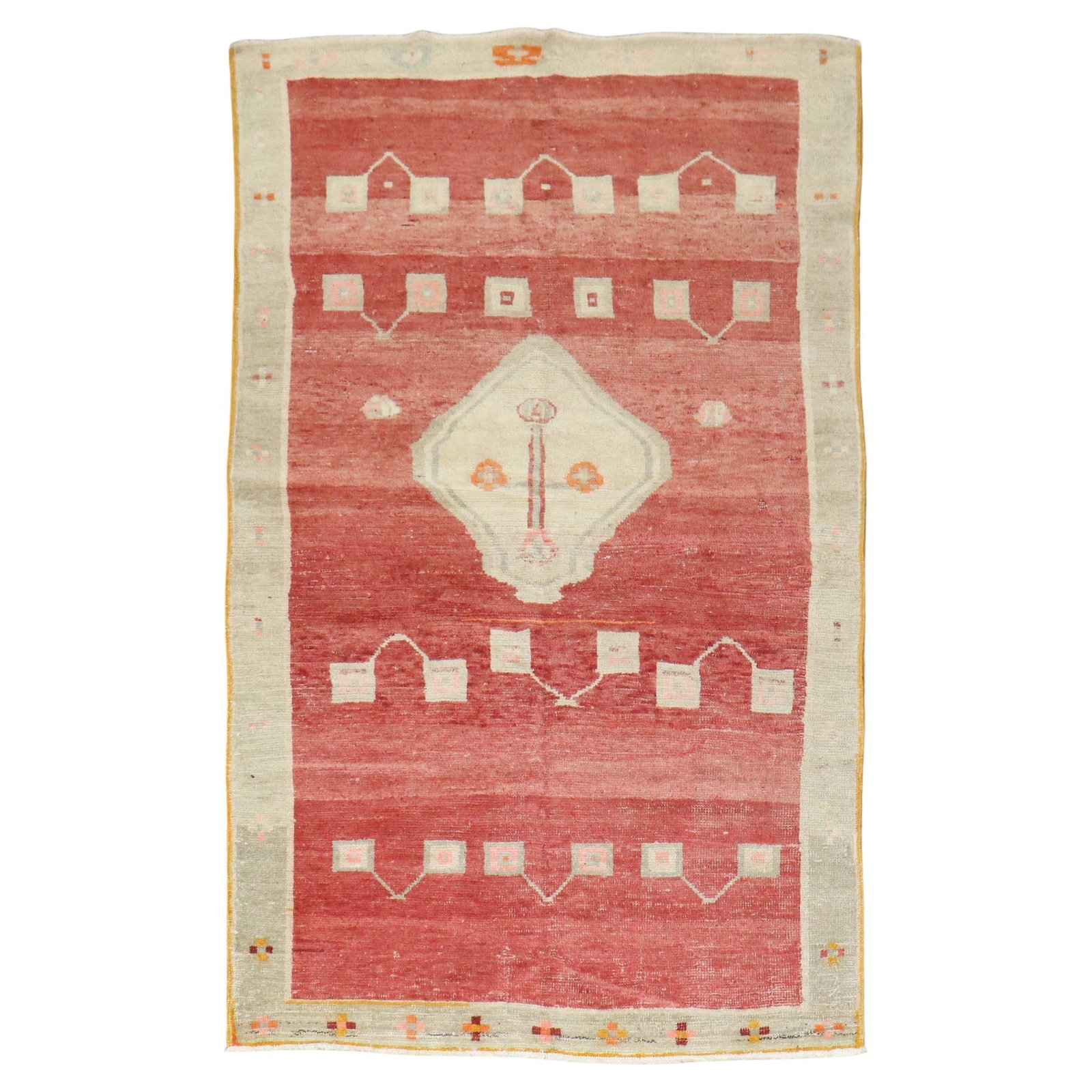 Zabihi Collection Mid Century Turkish Anatolian Wool Rug: Zabihi Collection Mid Century Turkish Anatolian Wool Rug This abstract Turkish Anatolian rug from the mid-20th century features a hand-woven wool construction. The rug displays a brick red field accen