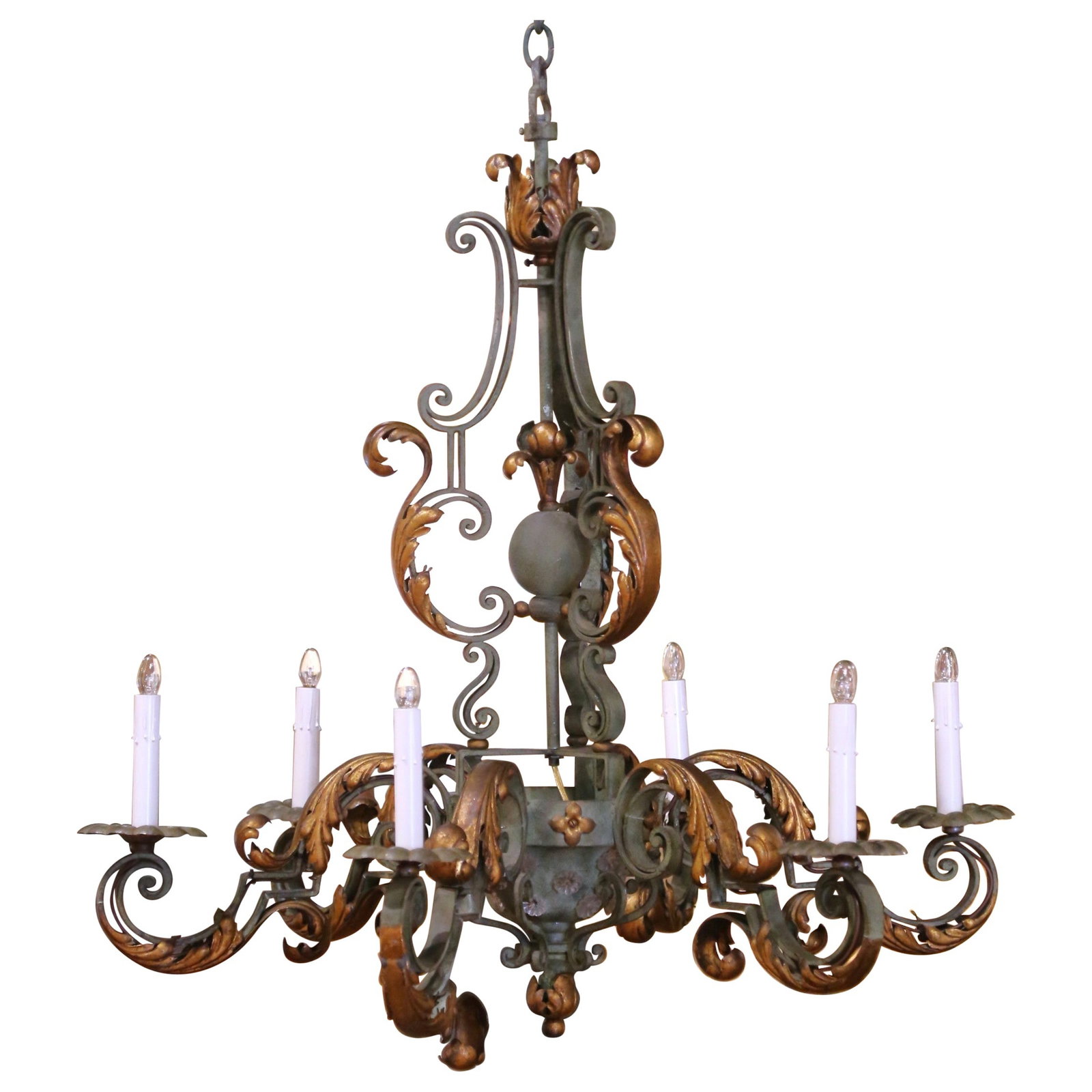 Antique 19th Century French Louis XV Iron Chandelier Six-Light Gilt Verdigris Finish: Antique 19th Century French Louis XV Iron Chandelier Six-Light Gilt Verdigris Finish Illuminate your space with this exquisite 19th Century French Louis XV Six-Light Iron Chandelier, a stunning center