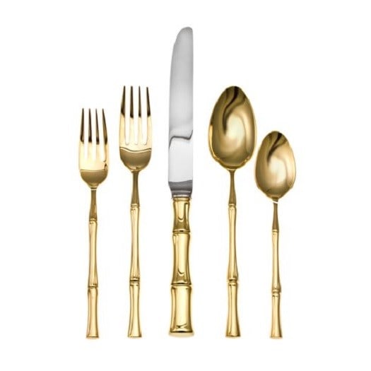 Ricci Bamboo Gold D'Oro Flatware Set for 12 60 pcs 18/10 Stainless Steel: Ricci Bamboo Gold D'Oro Flatware Set for 12 60 pcs 18/10 Stainless Steel Elevate your dining experience with the Bamboo Gold D'Oro Flatware Set by Ricci, meticulously crafted from premium 18/10 stainl