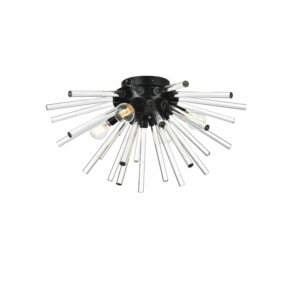 Sienna 4 Light Black Flush Mount Chandelier with Glass Rods: Sienna 4 Light Black Flush Mount Chandelier with Glass Rods This modern flush mount chandelier features a striking sputnik design with a black frame and clear glass rods, creating a stylish focal poin