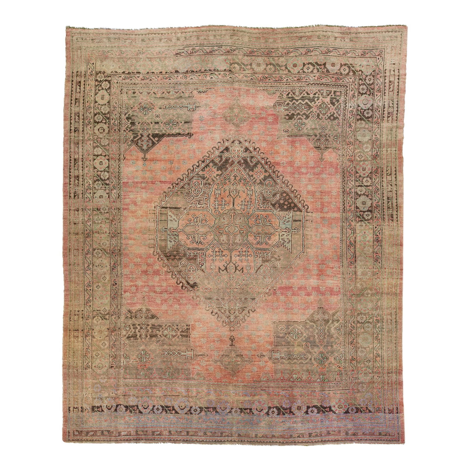 Antique Turkish Oushak Wool Rug 13'2 x 16'2 Rose Medallion Design: Antique Turkish Oushak Wool Rug 13'2 x 16'2 Rose Medallion Design This exquisite oversized Antique Oushak rug showcases a stunning rose color field, beautifully complemented by intricate green, gray, 