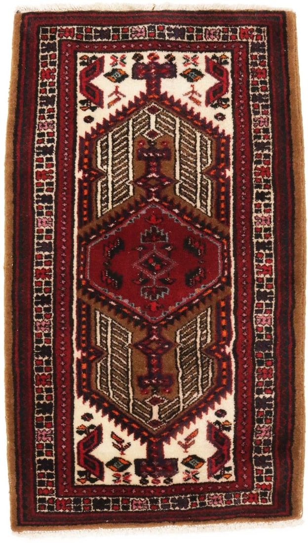 Vintage Hand-Knotted Wool Tribal Area Rug 2'4 x 4'1 Rectangle: Vintage Hand-Knotted Wool Tribal Area Rug 2'4 x 4'1 Rectangle This handmade tribal design wool rug features a vintage oriental pattern in shades of red, cream, orange, khaki, gray, and dark purple-nav
