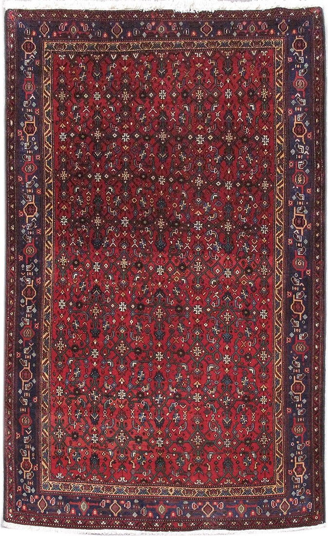 3'11 x 6'6 Maroon Hand-Knotted Persian Hamadan Area Rug: 3'11 x 6'6 Maroon Hand-Knotted Persian Hamadan Area Rug Free continental US Shipping Discover the elegance of this handcrafted Maroon Persian Hamadan Rug, meticulously woven by skilled Persian artisan