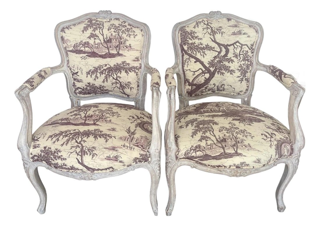 Louis XV Toile Cabriolet Armchair Pair Off White Ceruse (1 of 10)