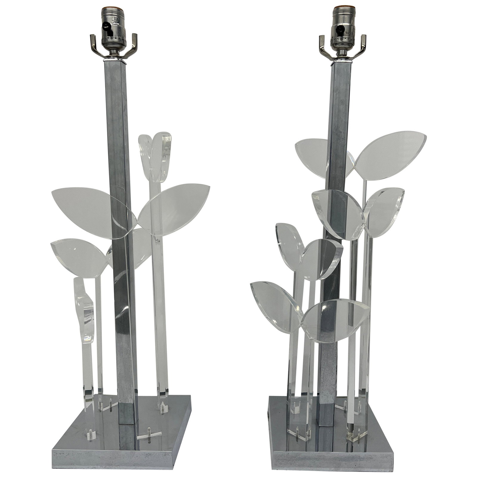 Beth Weissman MCM Chrome Lucite Floral Butterfly Table Lamps Set of 2 C. 1974: Beth Weissman MCM Chrome Lucite Floral Butterfly Table Lamps Set of 2 C. 1974 Illuminate your space with the striking elegance of this pair of Mid-Century Modern table lamps by Beth Weissman, crafted 