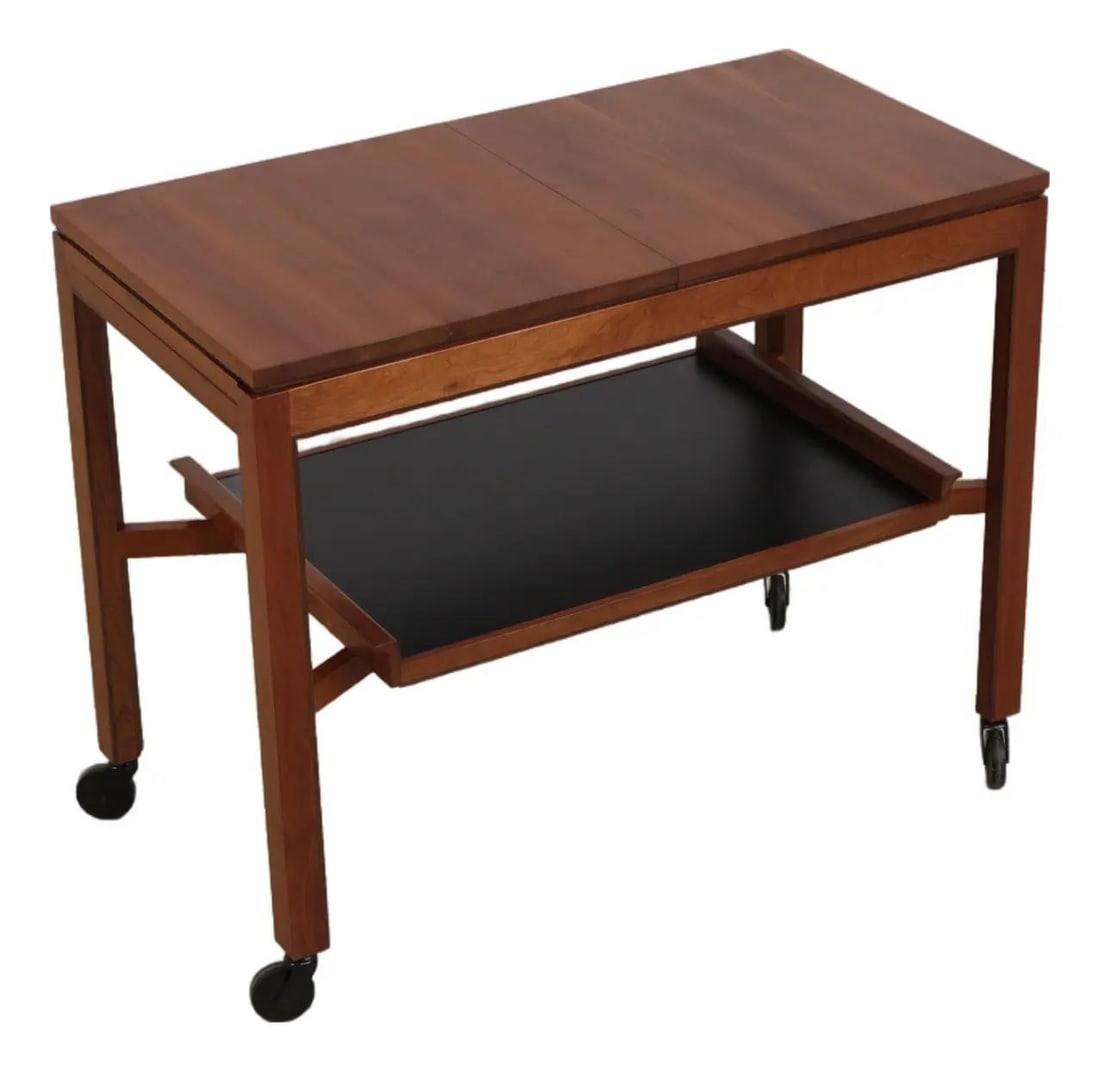 Edward Wormley Style Cherry Serving Cart Model 7720: Edward Wormley Style Cherry Serving Cart Model 7720 This serving cart features a modern design crafted from solid cherry wood and includes a removable serving tray on the base. Made in the manner of E