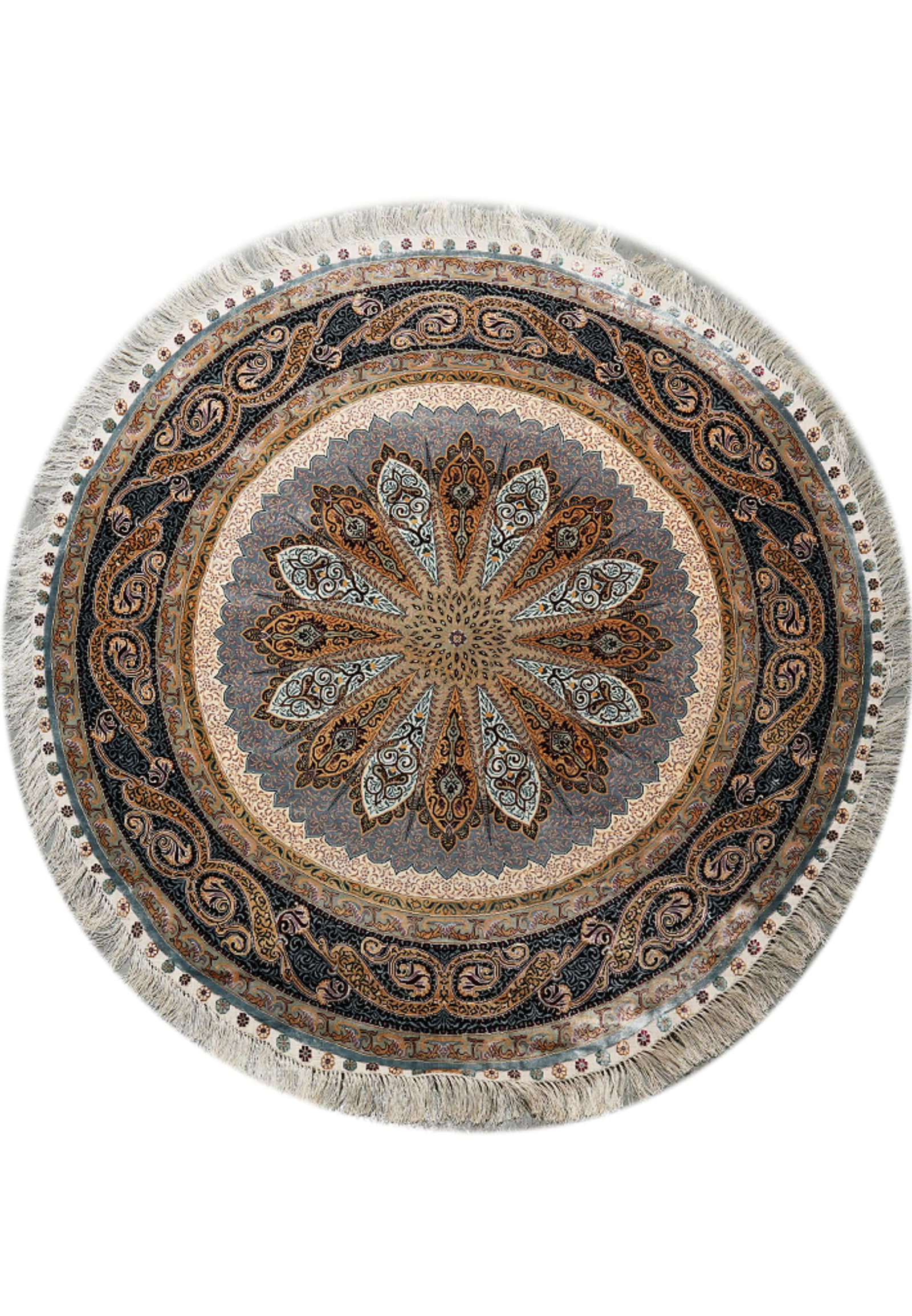 5 x 5 Round Handmade Silk Rug Bold Floral Medallion Design: 5 x 5 Round Handmade Silk Rug Bold Floral Medallion Design Free continental US Shipping This 5 x 5 round rug is handmade from premium silk and features a bold floral medallion design with intricate mo