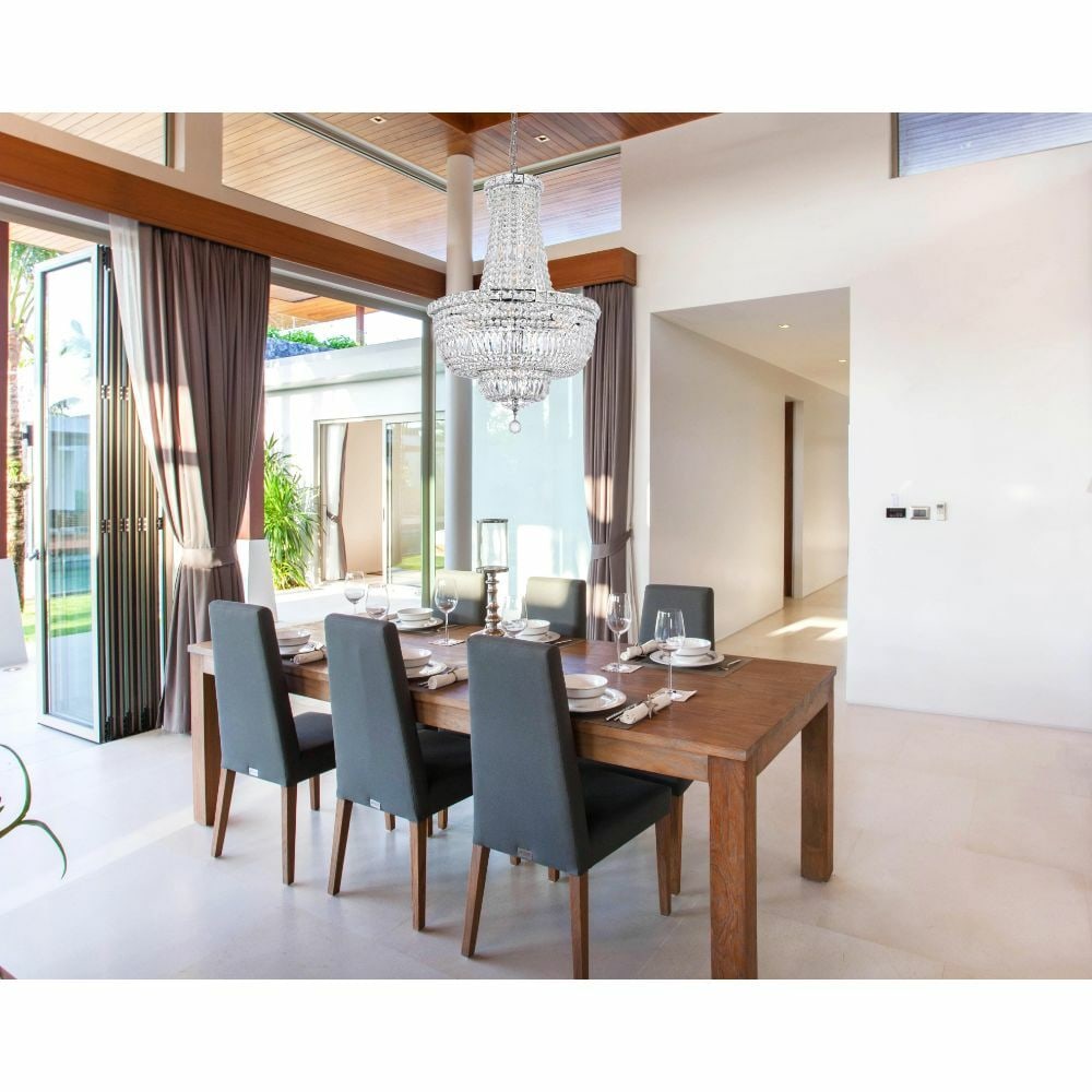 Tranquil 22-Light Chrome Crystal Foyer Chandelier 31 Inch: Tranquil 22-Light Chrome Crystal Foyer Chandelier 31 Inch This modern crystal chandelier features a polished chrome frame and is adorned with Royal Cut clear crystals, creating an elegant empire silho