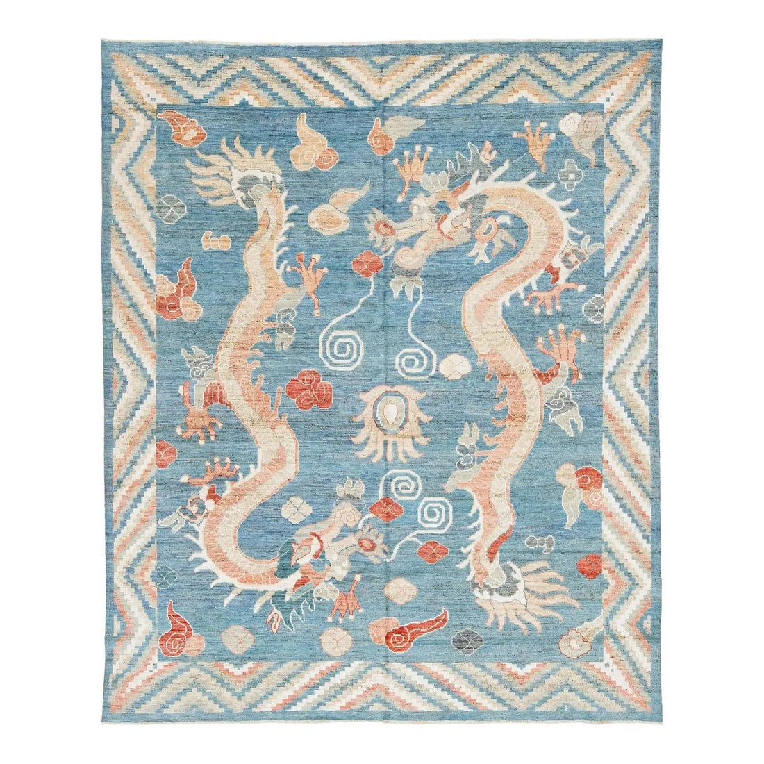 Hand-knotted wool dragon rug 8x10 sky blue terracotta (1 of 10)