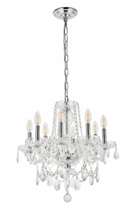 8-Light Venetian Style Chrome Crystal Pendant Chandelier 20 in: 8-Light Venetian Style Chrome Crystal Pendant Chandelier 20 in This pre-owned chandelier features a modern Venetian-inspired design with a polished chrome finish and royal cut clear crystal accents. I