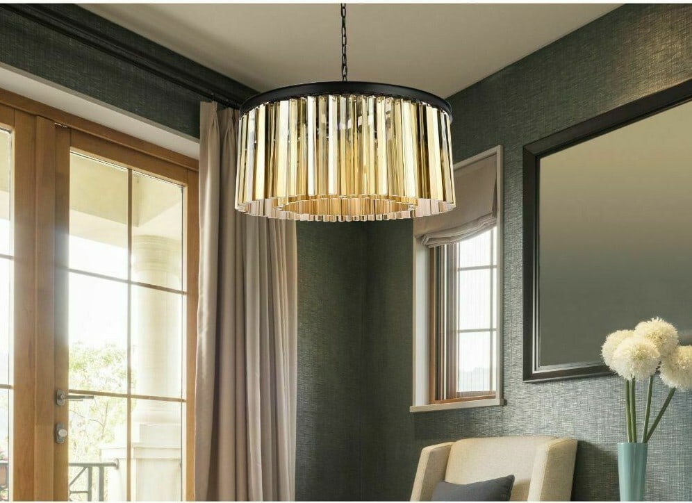 Sydney 8 Light Crystal Chandelier Matte Black 31.5 in: Sydney 8 Light Crystal Chandelier Matte Black 31.5 in Modern 8-light chandelier featuring golden teak Royal Cut crystals and a matte black frame. It is hardwired, indoor-rated, and designed for dining