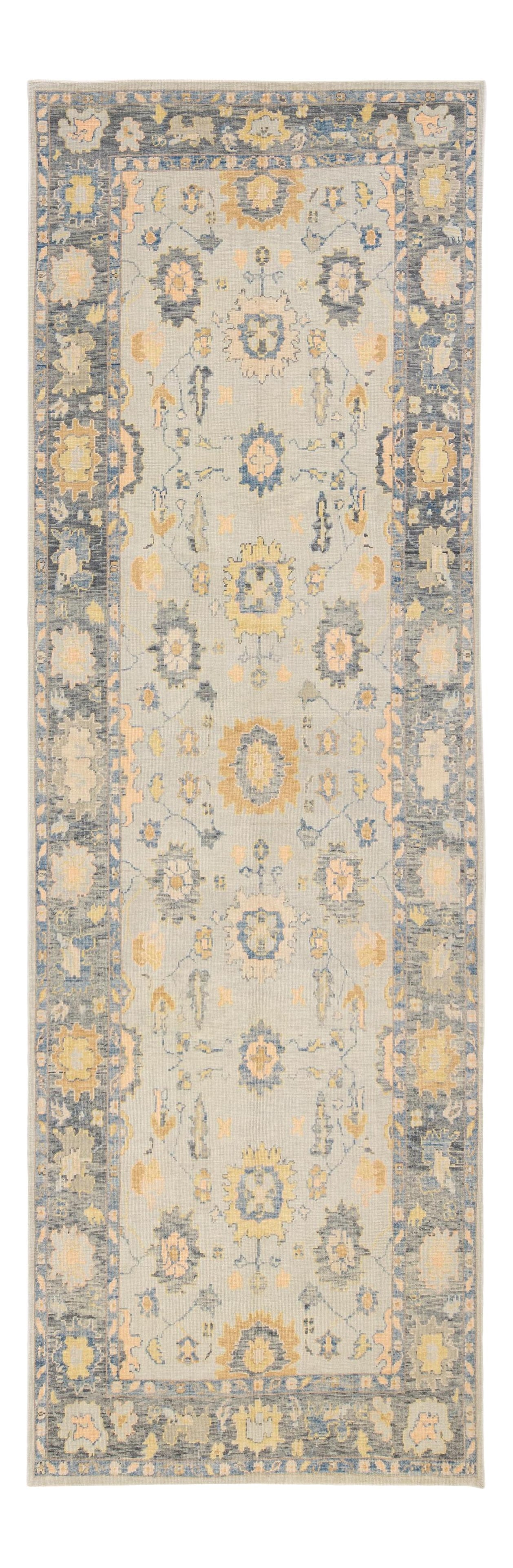 Handmade Turkish Oushak Gray Wool Floral Runner 6'3" x 19'2": Handmade Turkish Oushak Gray Wool Floral Runner 6'3" x 19'2" Enhance your space with this stunning Long Modern Gray Turkish Oushak Handmade Floral Gallery Wool Runner. This exquisite hand-knotted rug 